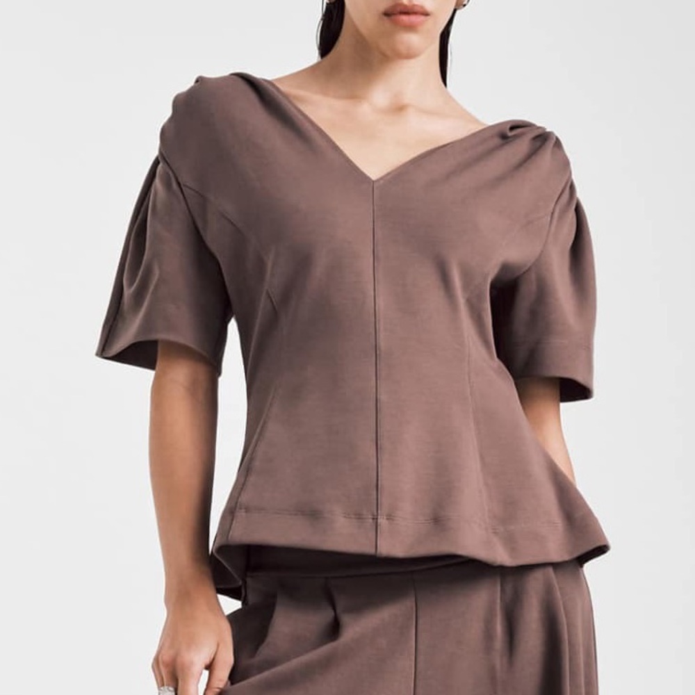 ASOS- Taupe peplum short sleeve top with shoulder detail